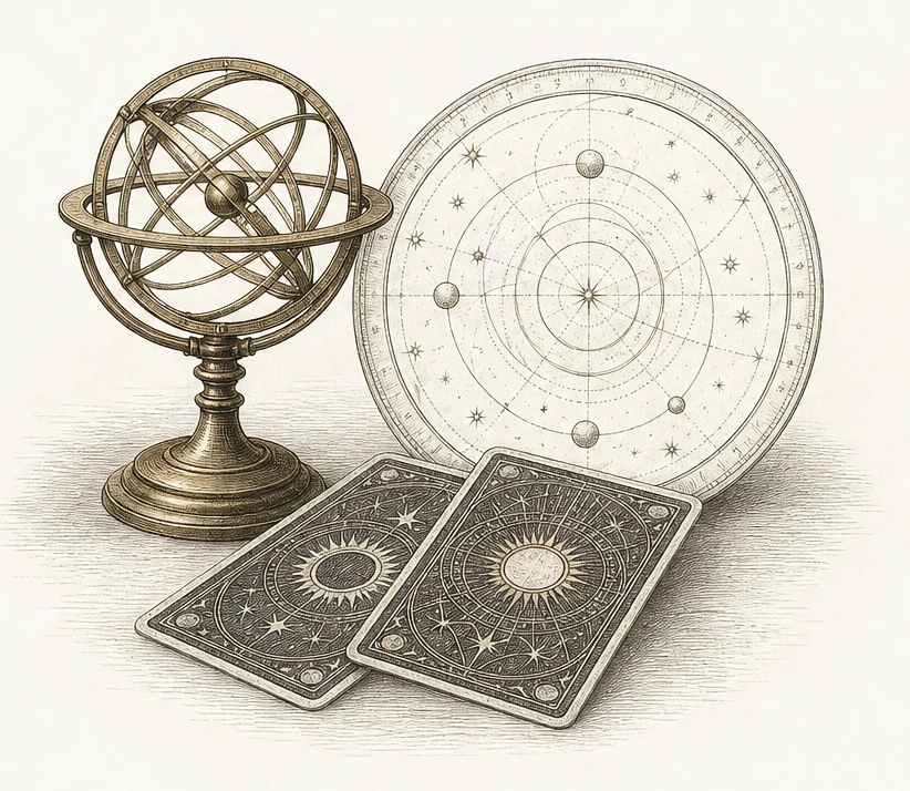 An engraved study of an armillary sphere and a star chart