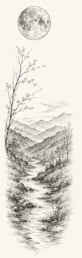 月と山の銅版画風イラスト
