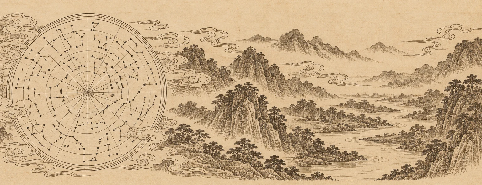 星图与淡墨山川的原创天象意象插画